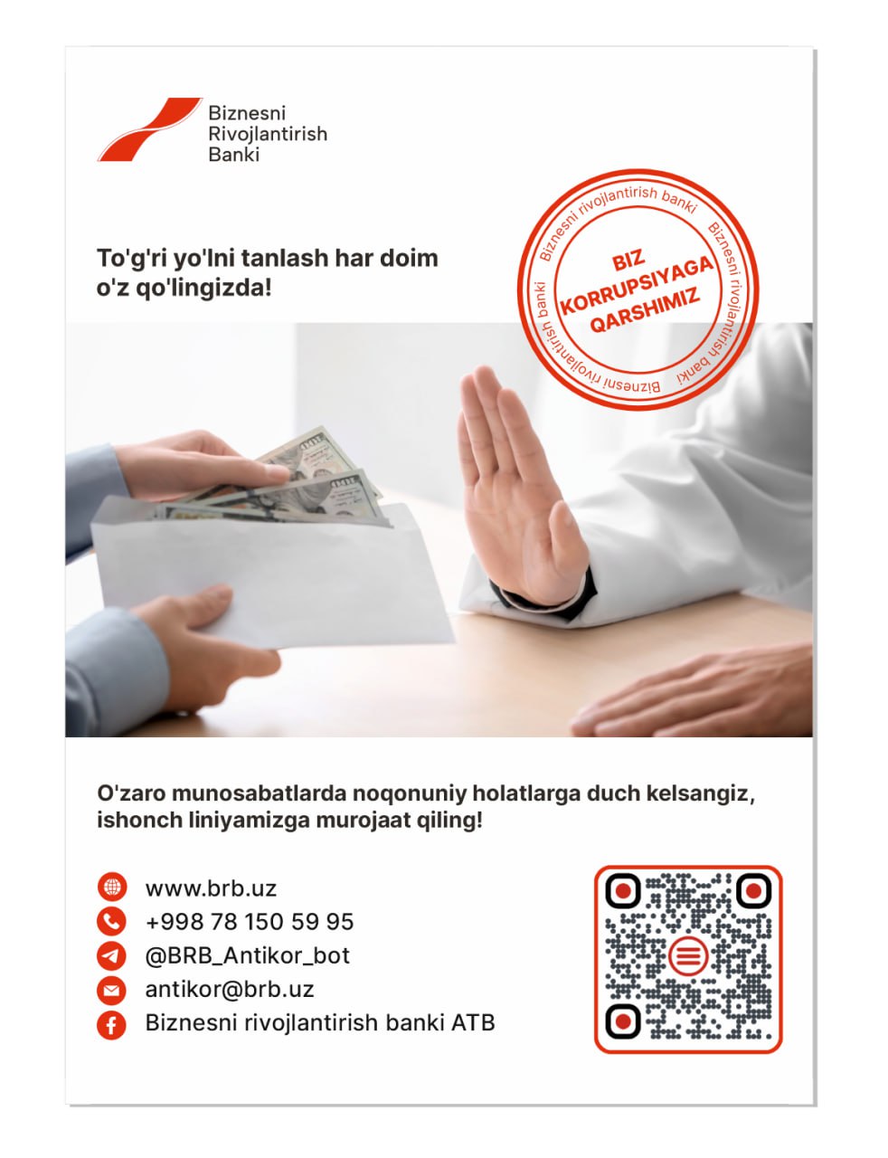 A Biznesni Rivojlantirish Bank advertisement features a hand holding money over a table, with a QR code and contact information below.