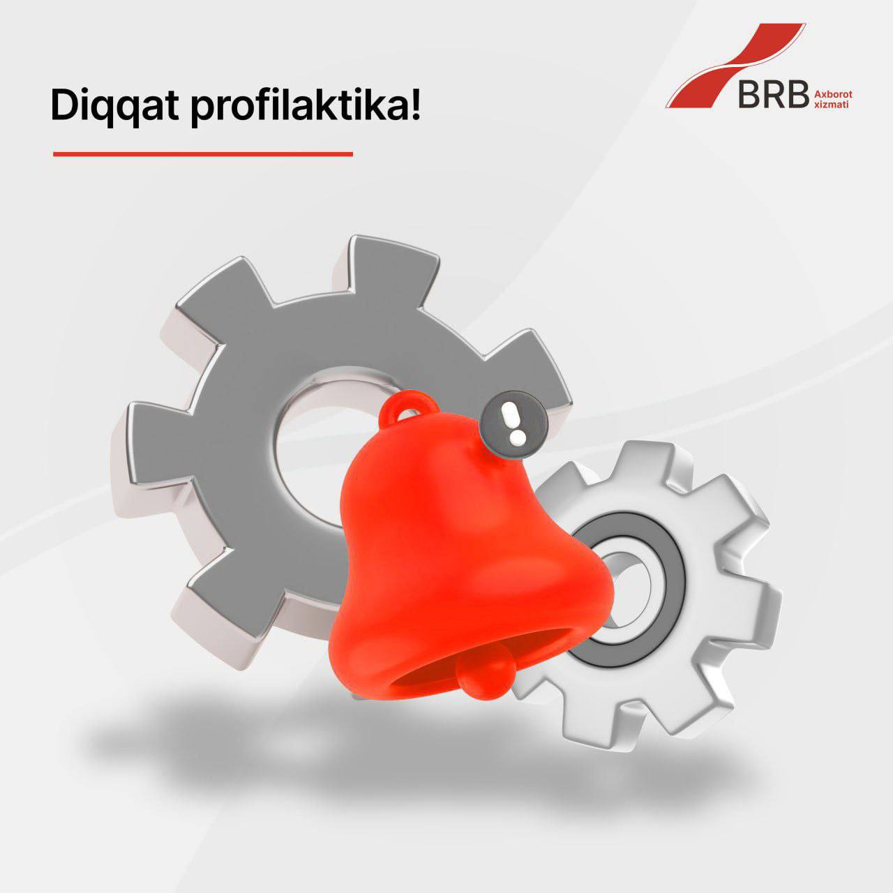 A red bell sits between two gray gears on a light gray background, accompanied by the text "Diqqat profilaktika!" and a logo in the top right corner.