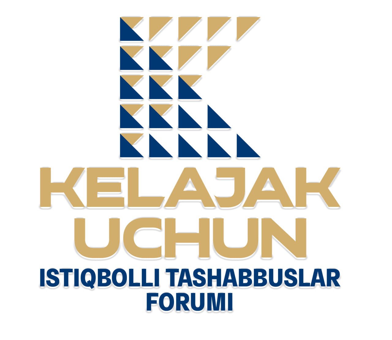 The logo for Kelajak Uchun Istiqbolli Tashabbuslar Forum features a large "K" composed of gold and dark blue triangles, with the name "KELAJAK UCHUN" in gold and "ISTIQBOLLI TASHABBUSLAR FORUM" in dark blue below.